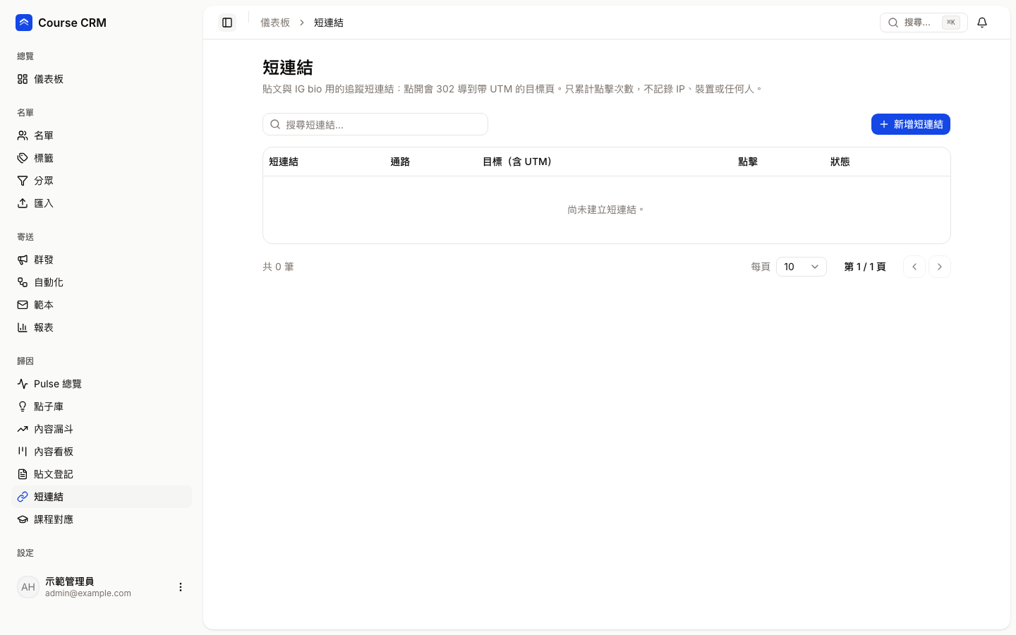 短連結：搜尋框與新增短連結按鈕，下方是短連結、通路、目標、點擊、狀態五欄的表格